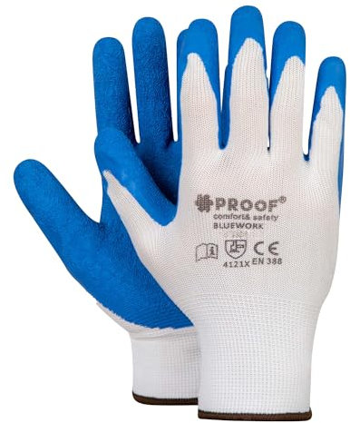 PROOF COMFORT & SAFETY - Gants en polyester BLUEWORK avec revêtement en latex rugueux en blanc et bleu, 12 paires en taille 9, Gants de protection, Gants de travail pour mécaniciens