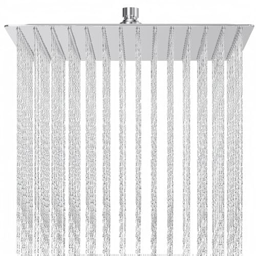 12 Inch Large Rainfall Shower Head, Yapwiki High Pressure Rain Shower Head with 196 jets, Stainless Steel Anti-rust Fixed Showerhead with Chrome Finish, Modern Waterfall Overhead Shower Heads, 30x30cm
