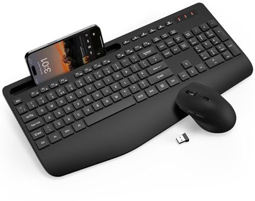 Wireless Keyboard and Mouse Combo, Full-Size Ergonomic Keyboard with Wrist Rest, Phone Holder, Sleep Mode, Silent 2.4GHz Cordless Set for Computer, Laptop, PC, Mac, Windows (Black)