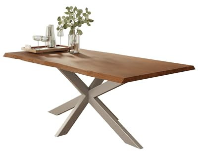 Liadomo Esstisch Isa Nuss - Tisch mit Baumkante aus Massivholz - 26mm Tischplatte Lackiert - Robust & Pflegeleicht - Unikat - Spider-Gestell Metall, Silber (80 x 140 x 73 cm)