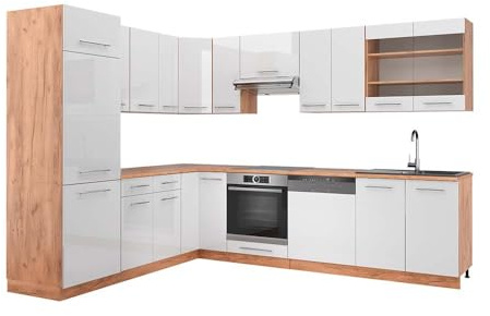 Vicco Eckküche Fame-Line, Weiß Hochglanz/Goldkraft Eiche, 287 x 227 cm, AP Eiche, zur individuellen Erweiterung mit kompatiblen Modulen