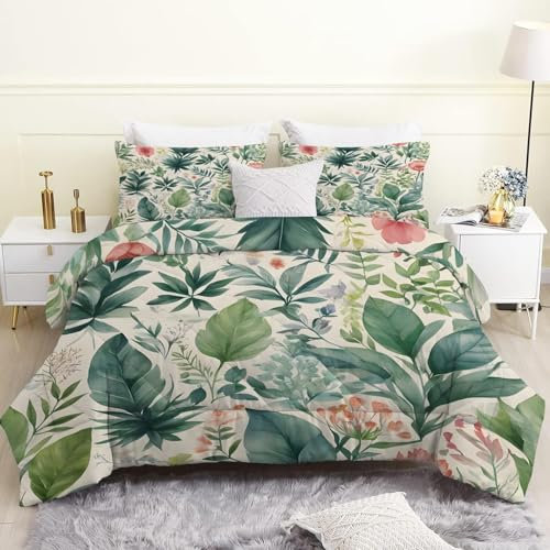 Grüne Pflanzen Bettdecke 200x200 4 Jahreszeiten, Wende Rot Blumig Steppdecke Schlafdecke Bettdecke ohne Bezug Waschbar, Weiche Ganzjahresdecke 200x200 mit 2 Kissenbezug 80x80 cm