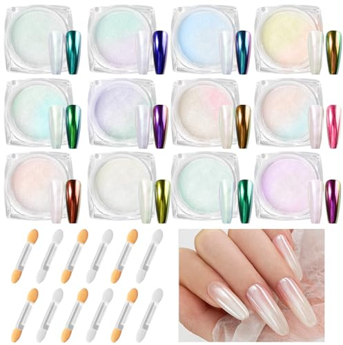Nadinsta 12 lådor pärla krom nagelpulver, glaserat munk glitterpulver naglar krompulver spegeleffekt, glassy Pearl Effect Neonail, Aurora skimmer krom pigment med 12 applikatorer