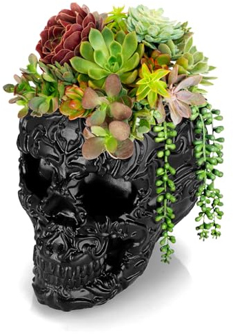 OLegei Pot de Fleurs de Crâne en Résine, Porte-Stylo, Noir | Support de Pinceau de Maquillage, Pot de Fleurs de Cactus, Décor de Squelette pour Maison et Bureau
