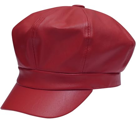 ZLYC Gorras de Piel sintética para Mujer, Gorra de Taxista Gatsby para niñas, Rojo -, Talla única