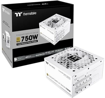Thermaltake Toughpower GT Bloc d'alimentation Snow ATX 3.1 750 W ; efficacité 80 Plus Gold ; Ventilateur Intelligent zéro ; connecteur PCIe 5.1 natif de 600 W ; PS-TPT-0750FNFAGU-W