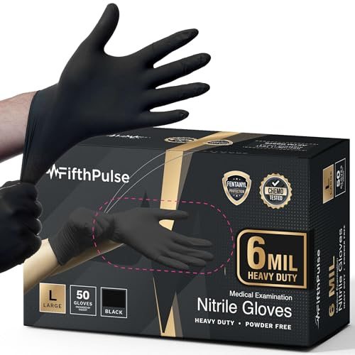 FifthPulse 6 Mil Black Nitrile Gloves Large, Heavy-Duty Disposable Gloves for Mechanics, Food Prep, and Medical Use - Powder-Free, Latex-Free, Extra Thick & Puncture-Resistant Rubber Glove - 50 Count