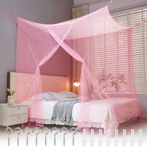 Moskitonetz Bett Reise,Moskitonetz Doppelbett und Einzel,Einzeltür Hängendes Bettnetz mit 8 Aufhängering Mückennetz Bett Vorhang,Betthimmel Feinmaschiges für Zuhause und Camping,Rosa 200x180x165 cm