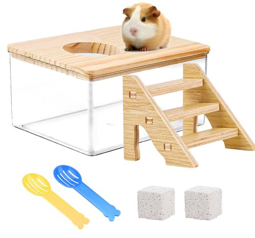 XRPRPX Hamster-Sandbadbehälter mit Leiter, Hamster-Staubbad, Rennmaus, Sandbäder mit Schaufel und Schleifstein für kleine Haustiere, Käfigzubehör, 18,5 x 12,5 x 8,5 cm