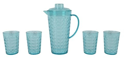 Decoris Juego de vasos con jarra de plástico, juego de 5 vasos y jarra, juego de vasos con jarra, vasos de agua, vasos de zumo de limonada, color azul transparente, 4 vasos y 1 jarra