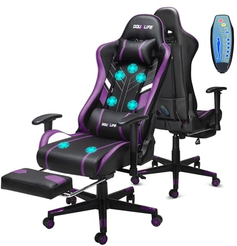 Douxlife Gaming Stuhl, mit 7 Punkt Massage, Fußstütze, Ergonomischer Bürostuhl, 90-175° Rückenlehne Einstellbar, Verstellbare 2D Armlehne, PC Gamer Stuhl Schreibtischstuh, 150-180KG, Lila