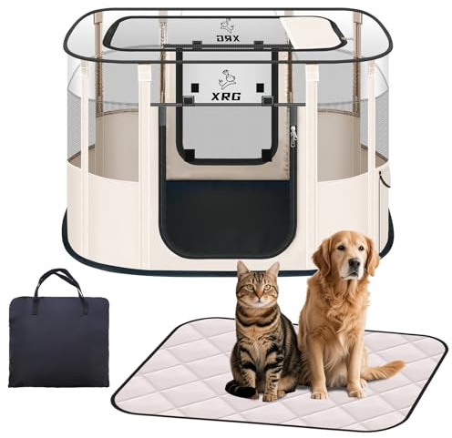 Dog Play Pen with Waterproof pad,Portable Dog Crates for Medium Dogs Kennel Tent,Dog Cages Indoor Breathable Mesh Collapsible Dog House Travel Playpen for Dogs Indoor & Outdoor(Medium, Beige)