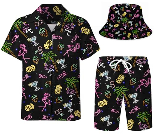 Chándal de Dos Piezas para Hombre, Divertidas Camisas Hawaianas, Pantalones Cortos y Conjuntos Rave con Sombreros de Pescador.