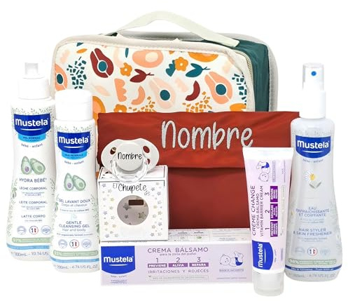 Mababyshop Mi Primera Canastilla – Bolso Personalizado con Nombre, Maletita Organizador, Set Dermocosmética Premium y Chupete Silicona 0M Grabado | Regalo Bebé Unisex Original (Neceser Terracota)