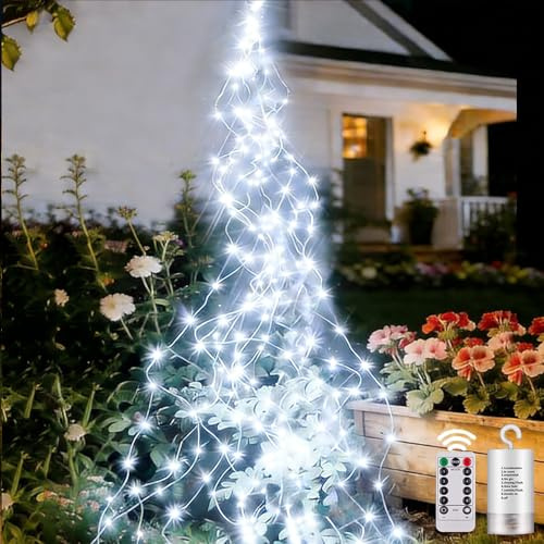 yowin Guirlande Lumineuse Sapin Noël 2M 200 LED Guirlande Lumineux Fil Cuivre a Effet Cascade a Pile avec Télécommande, Imperméable Guirlandes Electrique pour Interieur Exterieur Decoration - Blanc
