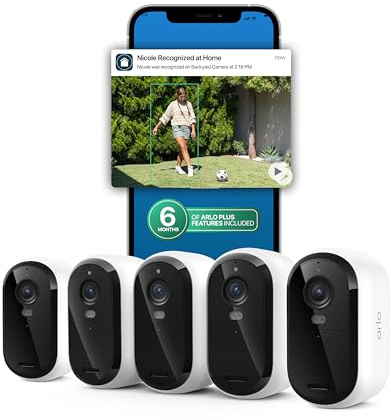 Arlo Essential Security Camera 2K (3rd Gen, 2025 Release) 5 Cam + 6 Months of Secure Plus Plan - Wireless Outdoor Camera, Battery Power, Person Recognition, Package Detection, Animated Preview, White