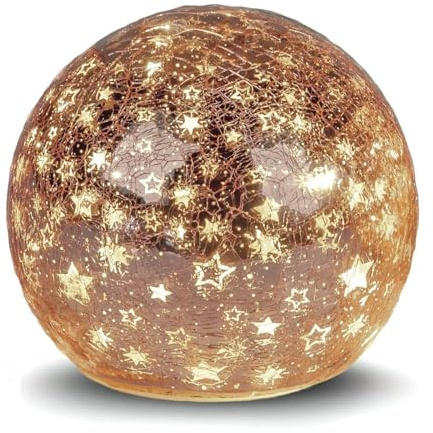 formano LED Deko-Kugel Sterne Rose-Gold 15cm Glaskugel Timer 6h/18h Herbst Deko - Farbglas in Crackle-Optik mit winterlichem Dekor - Herbst Winter Weihnachtsdeko für Tisch Regal Fensterbank