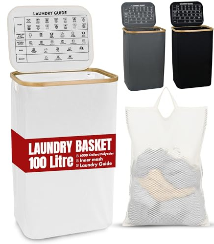 LKH Laundry Basket with Lid 100 litre - 600D Polyester Clothes Hamper for Laundry with Bamboo handles, Laundry Guide & Inner Mesh Bag - 44x33x70cm Laundry Basket Organizer for Dorm Laundry Room