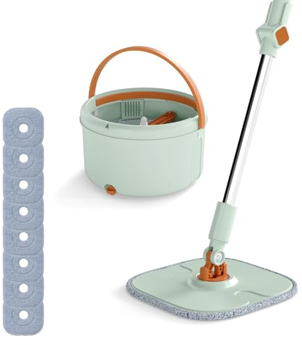 COSTWAY Ensemble Balai Serpillière Seau Essoreur, Tête Plate Rotatif 360°, Panier Essoreur avec Poignée, 8 Lingettes Lavables Réutilisable, Nettoyage Rapide pour Usage (Plus Balai-8 Serpillères-Vert)