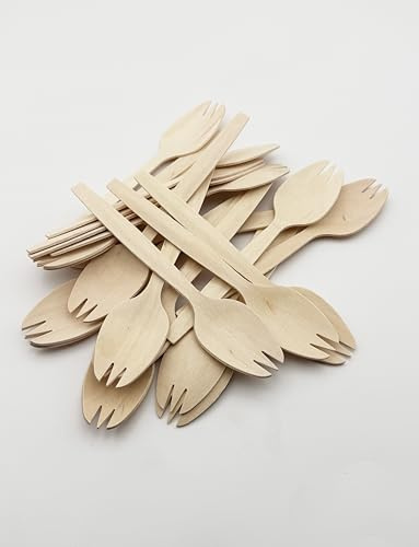 100 x 15cm Wooden Sporks | Disposable Biodegradable & Compostable Cutlery Set | Eco-Friendly Birch Wood & Bamboo Sporks for Weddings, Parties, Camping, BBQs & Catering Events