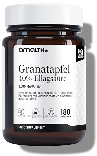 Amalth Granatapfel Kapseln – Granatapfel Extrakt aus Fruchtschalen – 40% Ellagsäure – 2000 mg pro Tagesportion – 180 vegane Kapseln – Standardisierter Pflanzenextrakt, Laborgeprüft