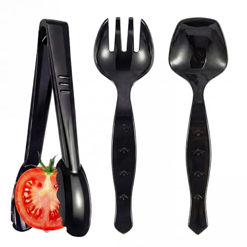 Ricvan 36 Pcs Disposable Serving Utensils Set - 9 Inch Black Tongs, Forks, Spoons for Restaurants, Catering, Party Supplies, Buffet, Wedding, Picnic
