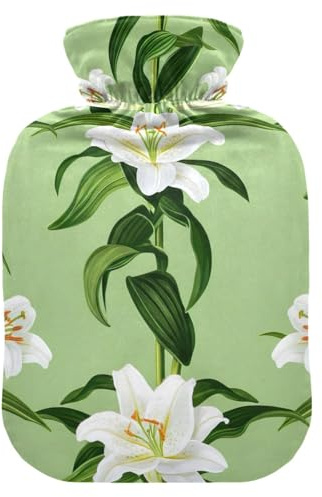 Floral White Lilies Green Leaves Hot Water Bottle with Soft Velvet Cover Warm Water Heat Bottles for Menstrual Cramps Pain Relief Medium