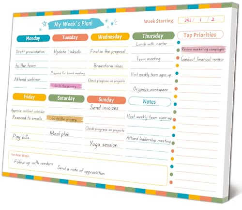 A4 Weekly Planner Pad, 52 Tear-Off Sheet Undated Daily Planner Desk Notepad | 120gsm Paper View to Week Planner Schedule Organiser for To Do List Study Work Home Meal Planning Habit Tracker
