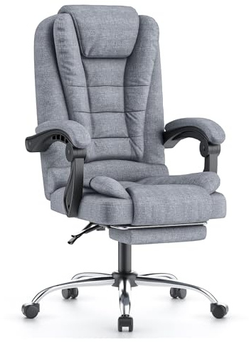 naspaluro Fauteuil de Bureau avec Repose-Pieds Télescopique, Chaise de Bureau avec Large Assise Rembourrée, Siège Bureau Ergonomique avec Dossier Inclinable et Hauteur Réglable, Coton et Lin, Gris