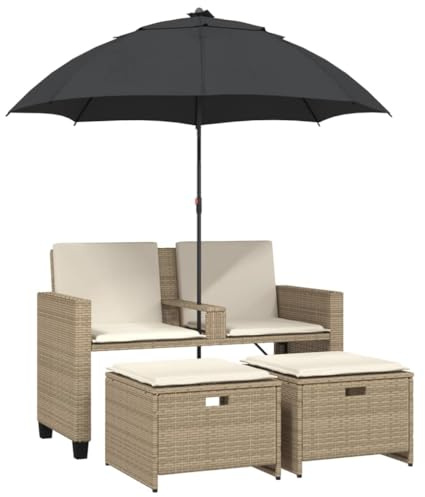 Qnhdfrt Gartensofa 2-Sitzer mit Sonnenschirm und Hockern Beige Poly-Rattan Loungesofa 120 x 61 x 80 cm Robustes PE-Rattan für Terrasse Balkon und Garten