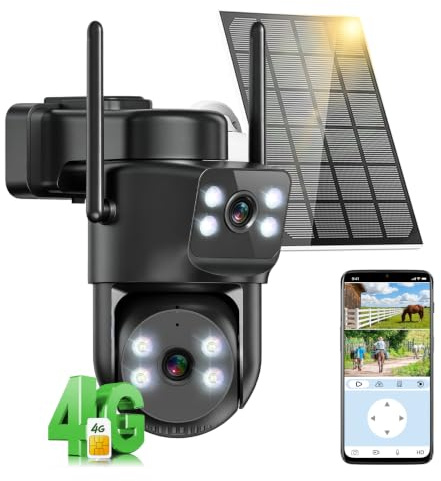 4G LTE Cámara de vigilancia solar de doble lente con tarjeta SIM | AOV 24/7,Seguimiento Automático,Cámara Solar+Batería,Detección de movimiento,Visión Nocturna Color,Audio Bidireccional,4K HD