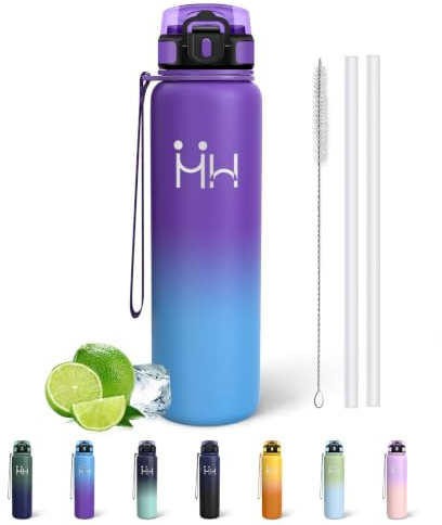 Mujigaga Trinkflasche 1l Edelstahl, BPA-frei Trinkflasche Sport, Isolierte Wasserflasche Auslaufsicher, Doppelwandige Vakuum, Thermosflasche mit Strohhalm für Joggen, Yoga, Fahrrad