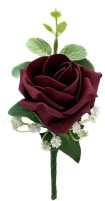 Artificial Wedding Flowers Hand-made by Petals Polly, Burgundy Claret Single Foam Rose Buttonhole with Eucalyptus & Gypsophila