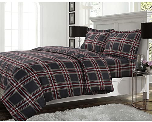 Tribeca Living HEPL170DUVETKI Heritage Plaid 170-GSM Brushed Flannel Printed Oversized Duvet Cover Set King, Multicolor