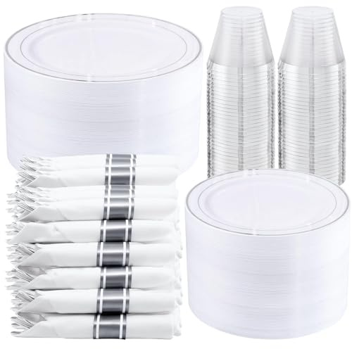 WELLIFE 350-Piece Silver Plastic Dinnerware Set - Disposable 10.25 Dinner Plates, 7.5 Dessert Plates, 9oz Silver Rim Cups & Cutlery for Weddings - 50 Guest Service - Elegant Disposable Silverware