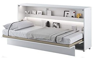 Schrankbett Bed Concept, Wandklappbett mit Lattenrost, V-Bett, Wandbett Bettschrank Schrank mit integriertem Klappbett Funktionsbett (BC-06, 90 x 200 cm, Weiß/Weiß Hochglanz, Horizontal)