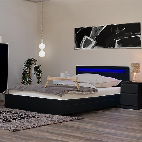 Home Deluxe - LED Bett NUBE - Schwarz, 180 x 200 cm - inkl. Matratze, Lattenrost und Schubladen I Polsterbett Design Bett inkl. Beleuchtung