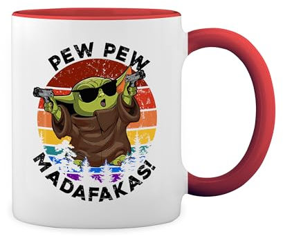 GR8Shop Pew Pew Madafakas Yoda With Gun Retro Blanco Taza Aro y Mango Con Rojo Mug