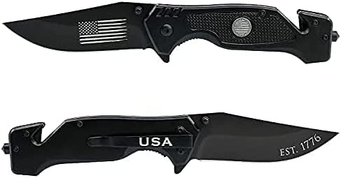 Military Gift Shop Black Tactical Folding Knife-3.5 Inch Stainless Steel Blade with American Flag | Disabled Vet Owned Business-Flag Black Knife