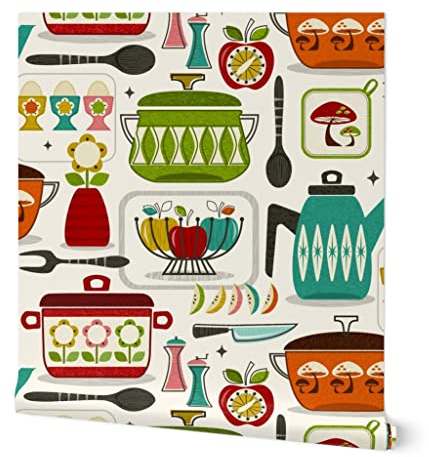 Spoonflower Peel & Stick Wallpaper Swatch - Kitchen Vintage Retro Apples Teapot Atomic Mid Custom Removable Wallpaper