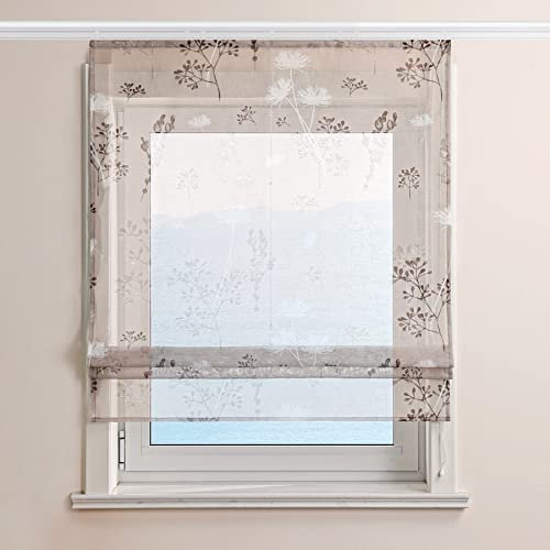 ESLIR Raffrollo mit Klettband Gardinen Küche Voile Raffgardinen Transparent Bändchenrollo Landhaus Vorhänge Wohnzimmer Sand BxH 60x140cm 1 Stück