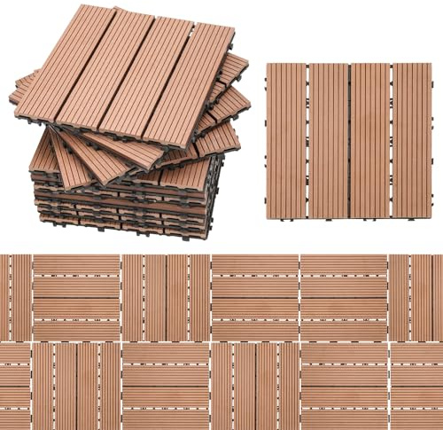 Randaco Baldosa de Plástico compuesto WPC, 30x30cm 33 pcs/3m² Suelo de Plástico-madera de Exterior con Drenaje und Sistema de Enchufe para el Balcón de la Terraza del Jardín, Marrón
