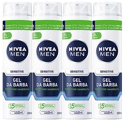 Nivea Men Sensitive Gel da Barba Gel viso da uomo con Estratto di Camomilla e Vitamina E Idratante per il Viso Ammorbidisce e Protegge la Barba - 4 Flaconi da 200ml