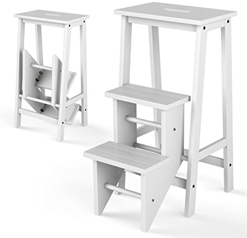 COSTWAY Tritthocker, Trittleiter 3 Stufen klappbar, Trittstuhl mit Griff, bis 310 kg, Haushaltsleiter aus massivem Holz, Leiterstuhl rutschfest, Hocker für Haushalt Büro Küche (Weiß)