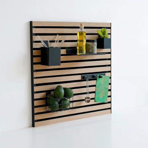 Steinmine - Designmanufaktur Wandorganizer (60 x 60 cm) - Akustikpaneel mit Eichenholzlamellen - inkl. Zubehör - einfache Montage - für Büro, Flur, Küche, Bad und mehr