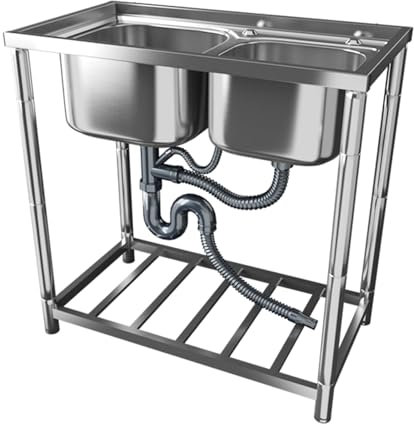 DHNDSDP Lavelli A Doppia Vasca in Acciaio Inox Lavello Freestanding con Bordo Lavello da Cucina Design Ad Angolo Arrotondato Facile da Pulire Lavello Profondo Tappetino Silenzioso Fondo Vasca Curvo