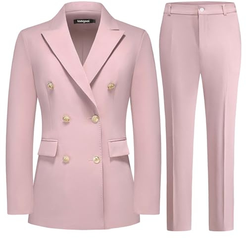 Lamgool Women Pants Suit Double Breasted 2 Piece Blazer Set Work Casual Jacket Outfits for Business (Pink, X-Large)