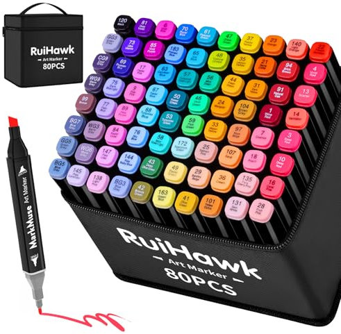 RuiHawk 80+2 Farben Alkohol Stifte Set, Meißel & Feine Verdoppelt Kunst Marker Filzstifte Set, 2 Sekunde Schnell Trocknende Alkohol Marker mit Anti-Seepage Abstandshaltern für Malerei, Design, Manga