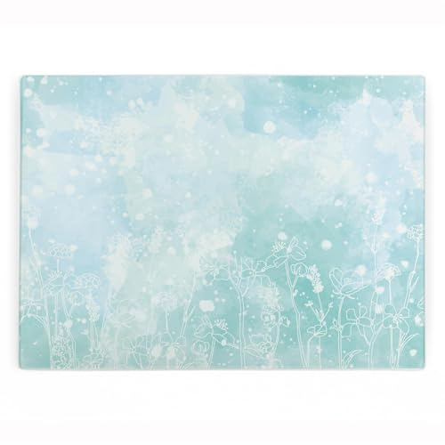 Protector de encimera rectangular grande de vidrio con diseño de flores azules pastel, regalo de artículos para el hogar, tabla de cortar y cortar suave con patas antideslizantes, 39 cm x 28,5 cm