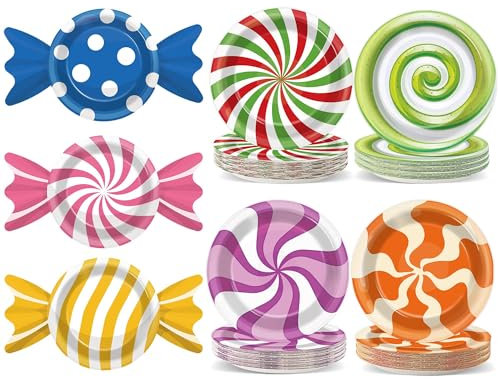 70PCS Christmas Peppermint Candy Paper Plates Candyland Party Decorations Candy Disposable Plates Colorful Lollipop Sweet Dessert Tableware for Candyland Holiday Xmas Birthday Baby Shower Party